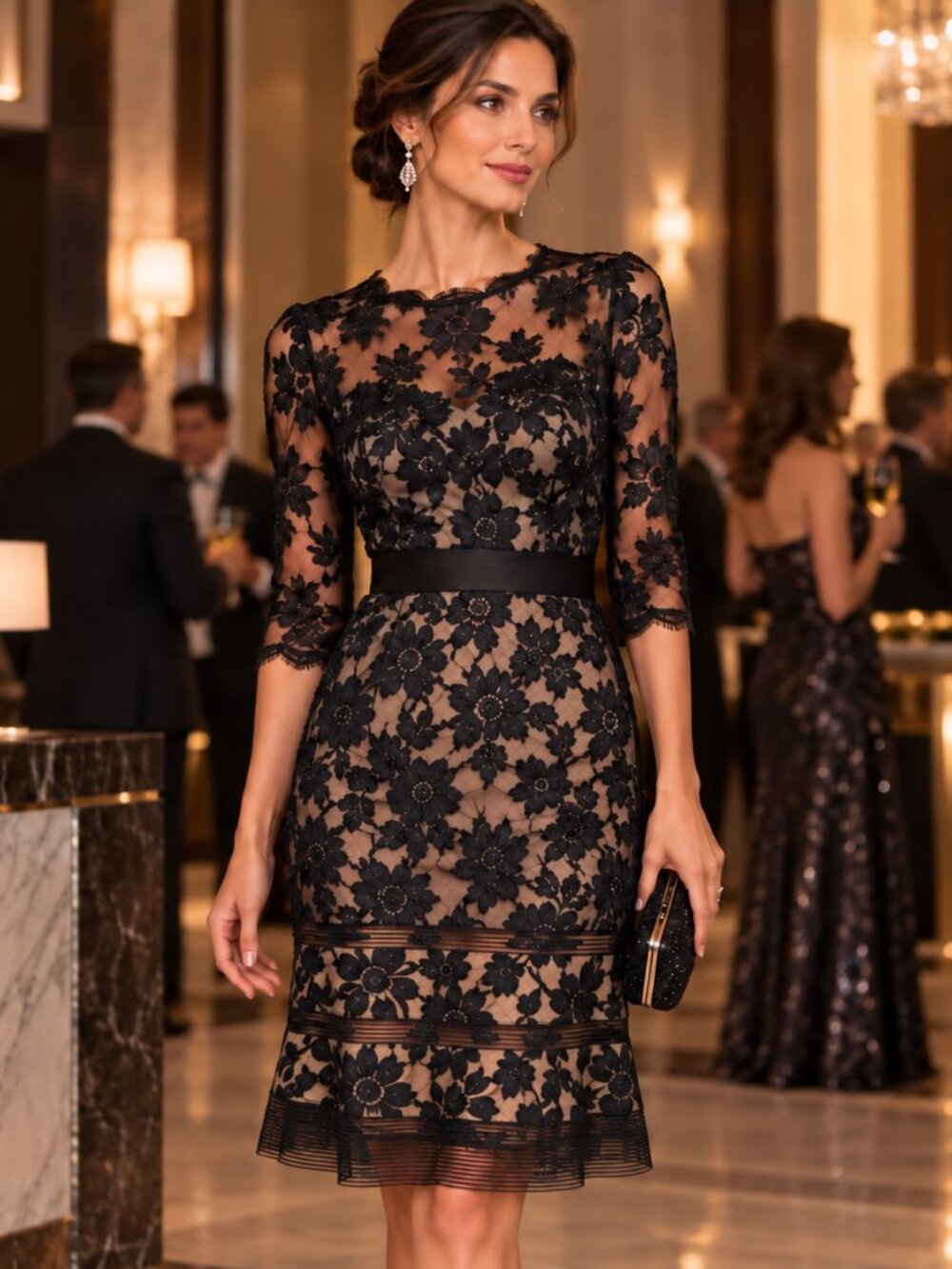 Tadashi Shoji Kennedy Embroidered Lace Dress Black Nude Size 12